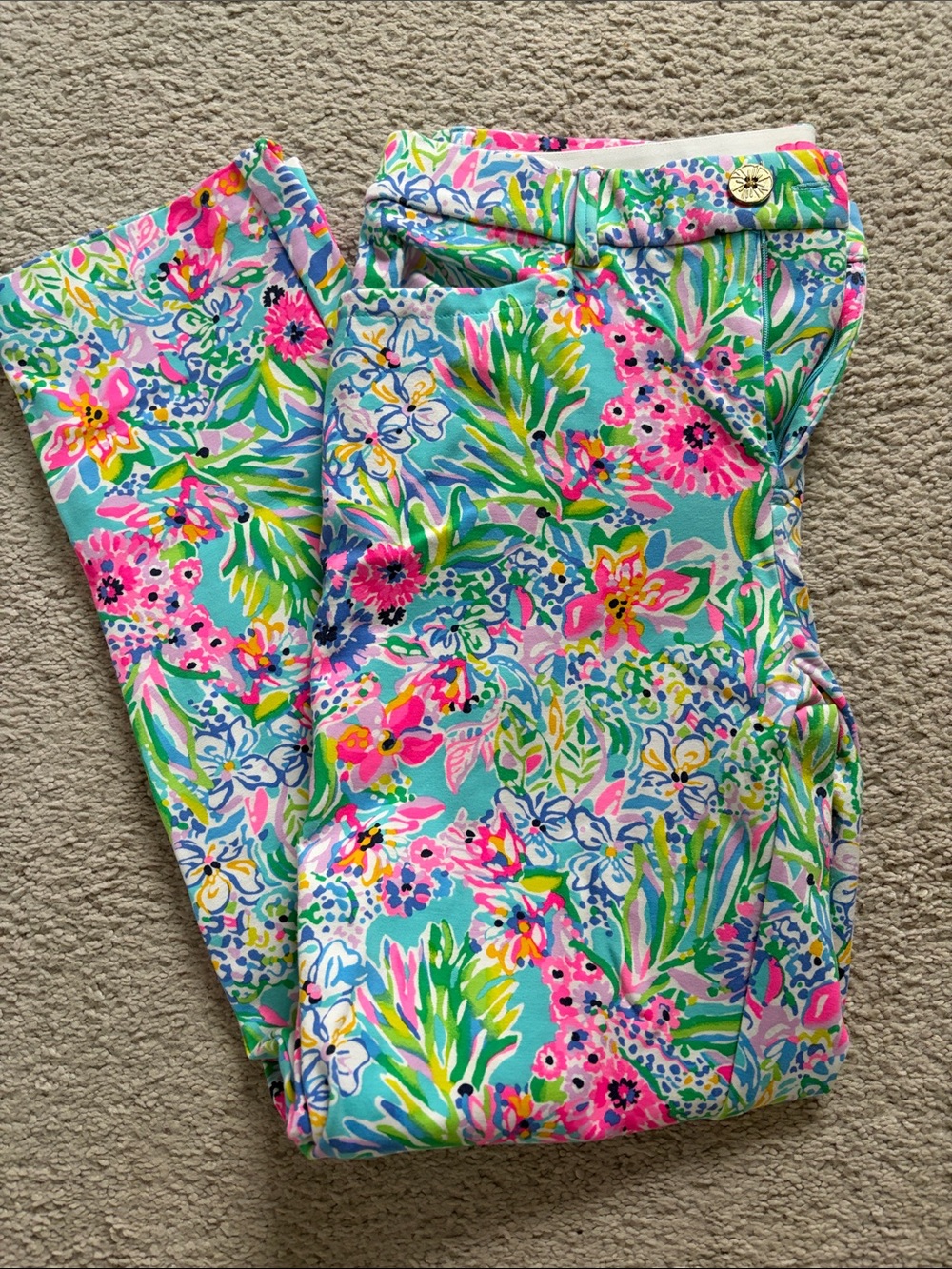 Lilly Pulitzer Cropped Pants in Aqua, Pink & Green Floral